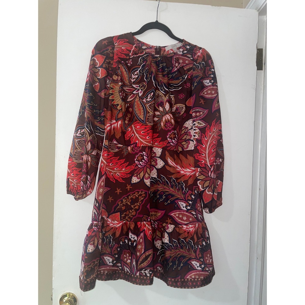 LOFT Women's Boho Burgundy Red Paisley Long Sleeve Ruffle Hem Mini Dress Size 4